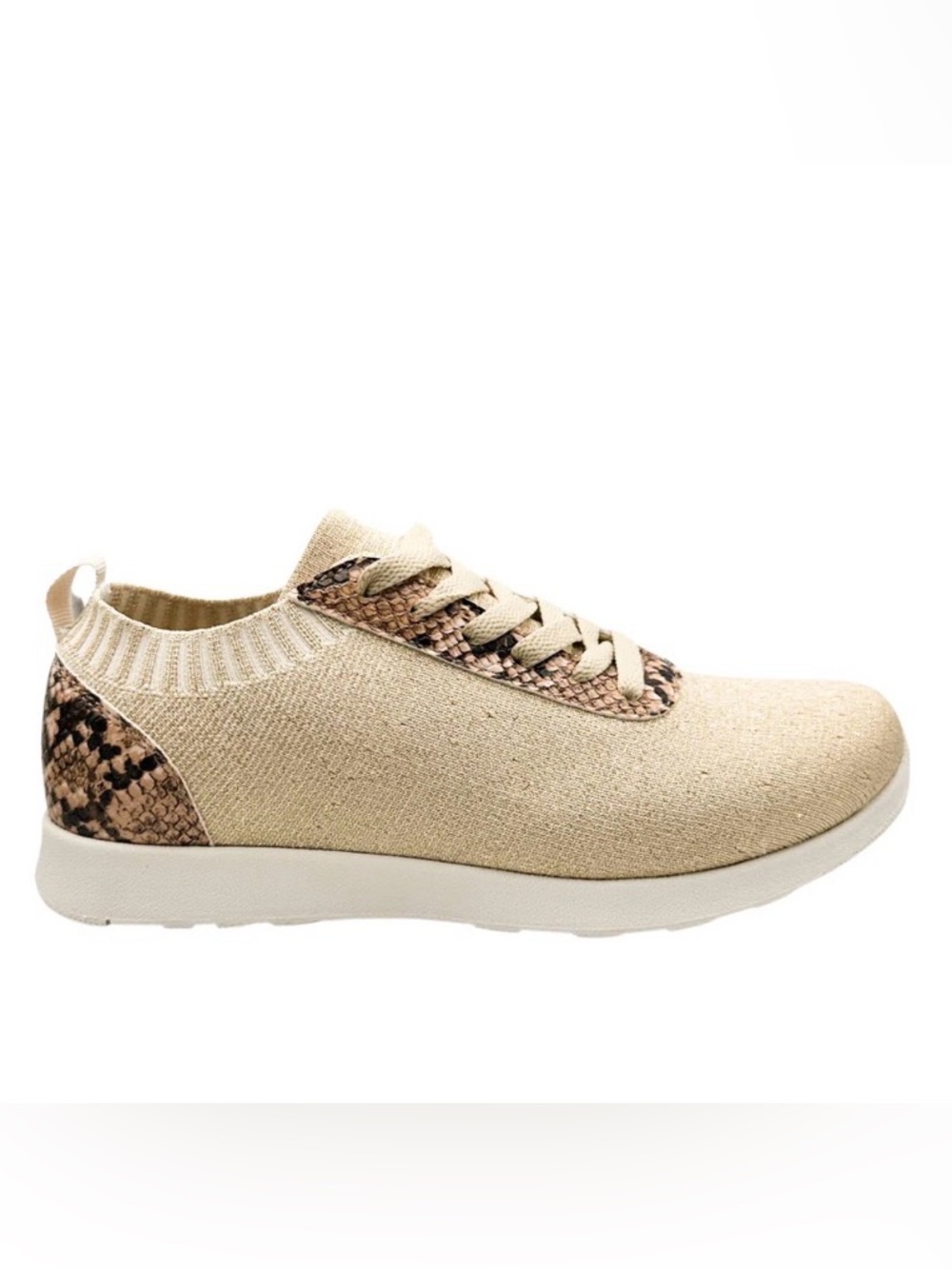 Not Rated Novah Beige Knit Slip-On Sneaker with Snake-Print Trim gold metallic